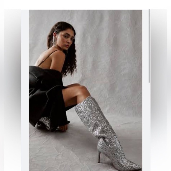 NWT Vicenza from Anthropologie Silver Sequin Knee-High Boots Size 8 - Picture 1 of 10